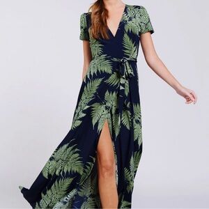 Aakaa Tropical Palm Leaf Wrap Dress NWT